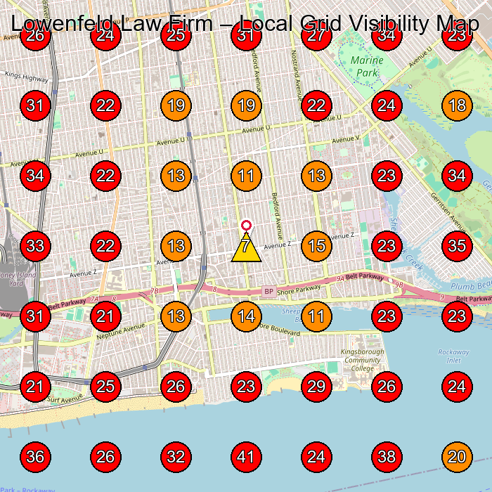 Lowenfeld Law Firm GeoGrid visibility map for Legal Services in Brooklyn